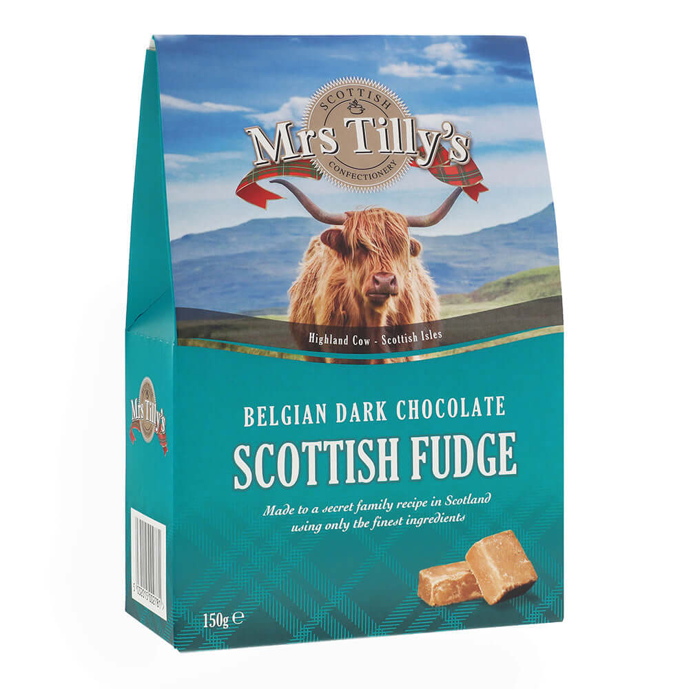 Mrs Tilly's Belgian Dark Chocolate Scottish Fudge – a 150g box of rich, velvety fudge crafted using a secret family recipe in Scotland. Infused with premium Belgian dark chocolate, this indulgent treat is made with the finest ingredients. The packaging features a striking Highland cow set against the scenic Scottish Isles, embracing its authentic heritage.