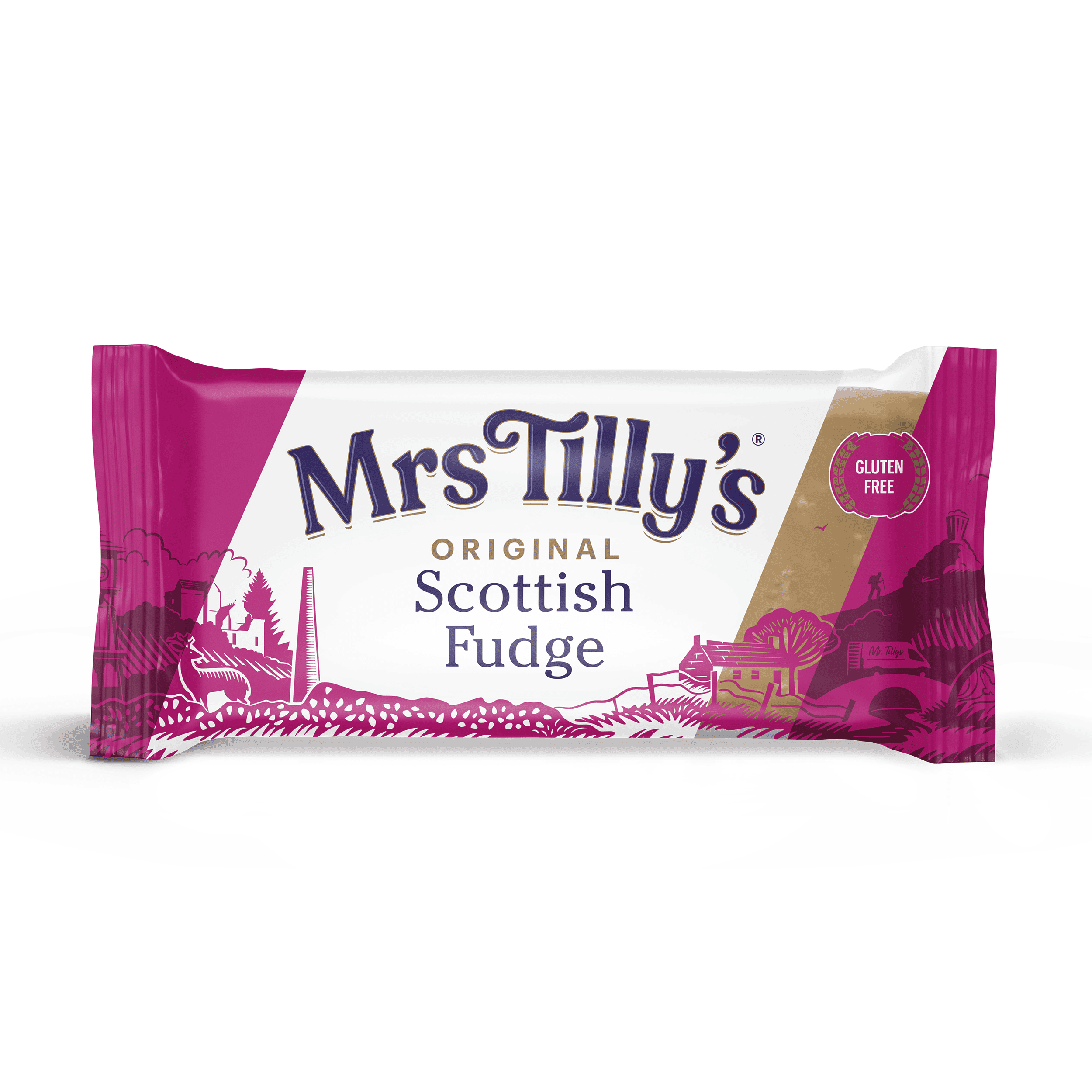 A 90g bar of Mrs Tilly’s Original Scottish Fudge, wrapped in vibrant purple and white packaging with a traditional Scottish landscape illustration. The packaging highlights that the fudge is gluten-free.