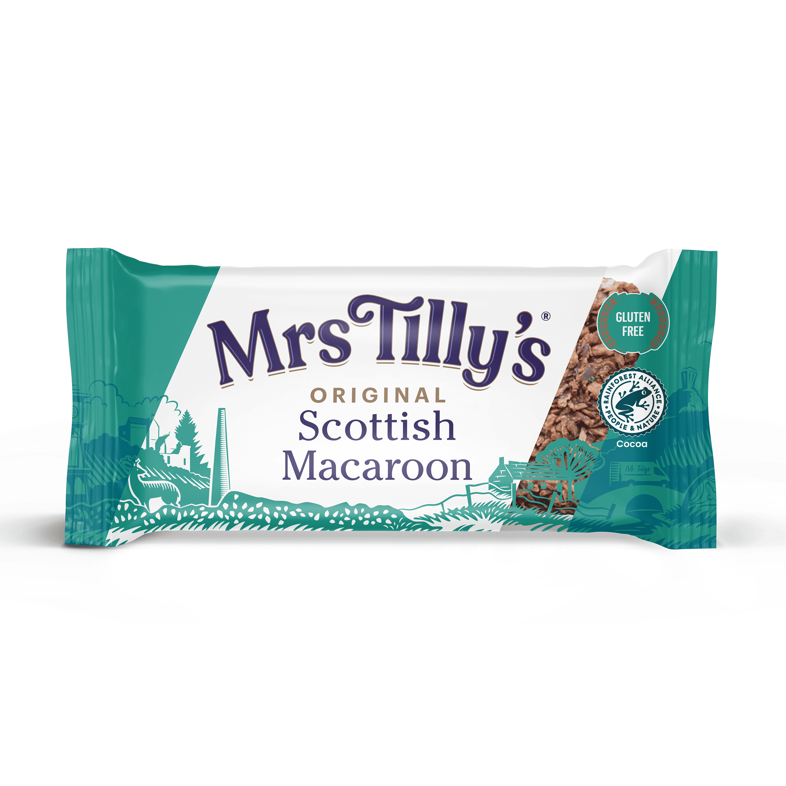 Mrs Tilly's Original Scottish Macaroon – a 90g bar of traditional Scottish confectionery featuring a deliciously sweet fondant center coated in rich chocolate and toasted coconut. This gluten-free treat is crafted using high-quality ingredients and proudly carries the Rainforest Alliance certification for sustainable cocoa sourcing.