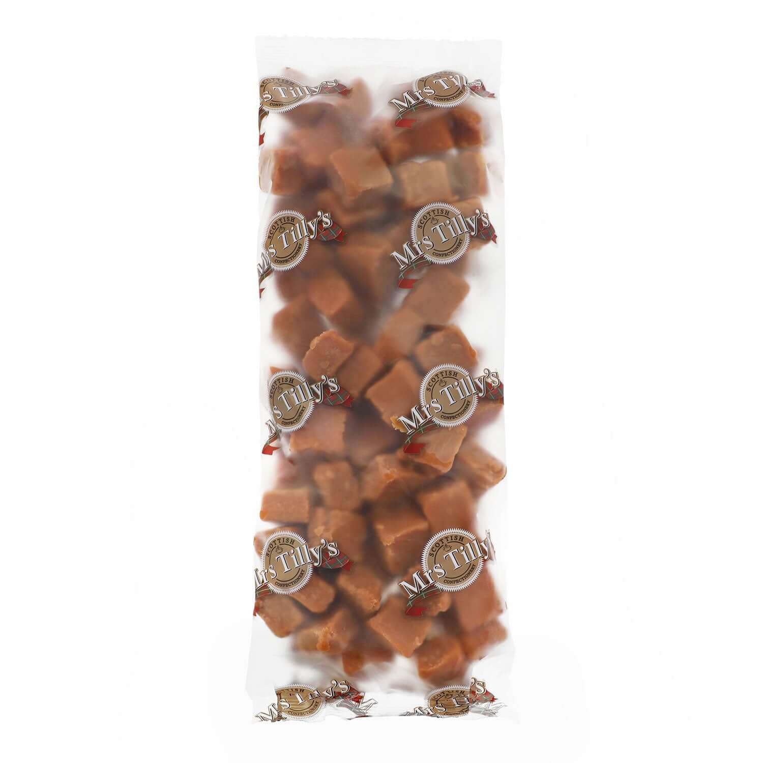 A 1kg bag of Mrs Tilly’s traditional Scottish fudge, featuring rich, creamy, golden-brown fudge pieces individually wrapped in a branded clear bag.