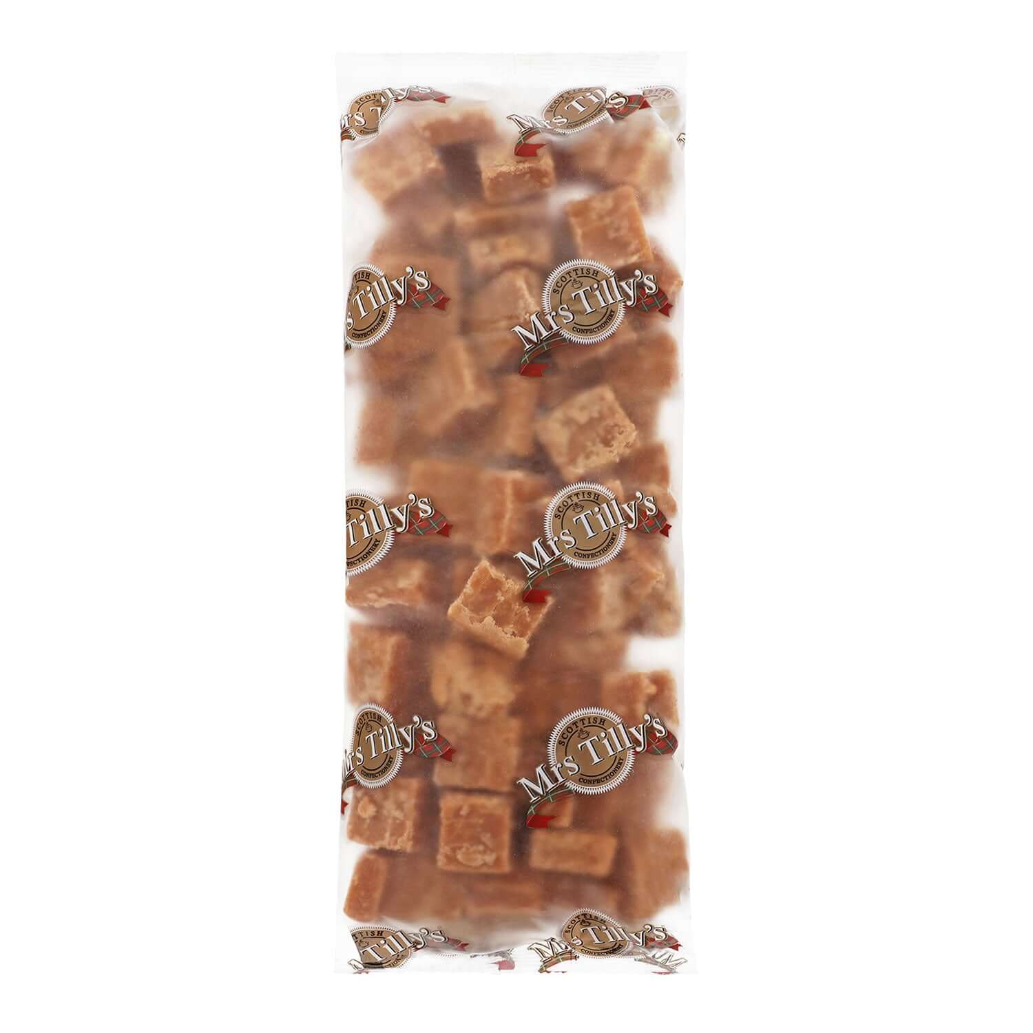 A 1kg bag of Mrs Tilly’s authentic Scottish tablet, showcasing crumbly, golden caramel-coloured pieces in a transparent branded wrapper.