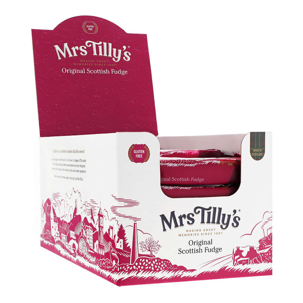 Mrs Tilly's Original Scottish Fudge display box, featuring individually wrapped fudge bars. The packaging is white and deep red with traditional Scottish countryside illustrations, emphasising the brand's heritage. The box highlights key product details such as 'Gluten Free' and 'Made in Scotland,' reinforcing its authenticity.