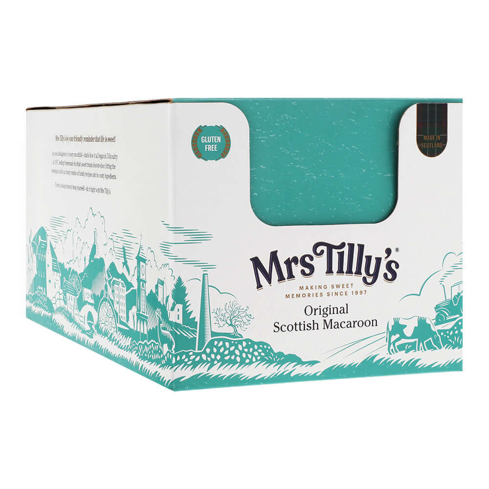 Mrs Tilly's Original Scottish Macaroon multipack – a beautifully designed box featuring a traditional Scottish village illustration, containing delicious gluten-free macaroon bars. Made with high-quality ingredients, this classic confection offers a sweet, coconut-covered fondant treat.