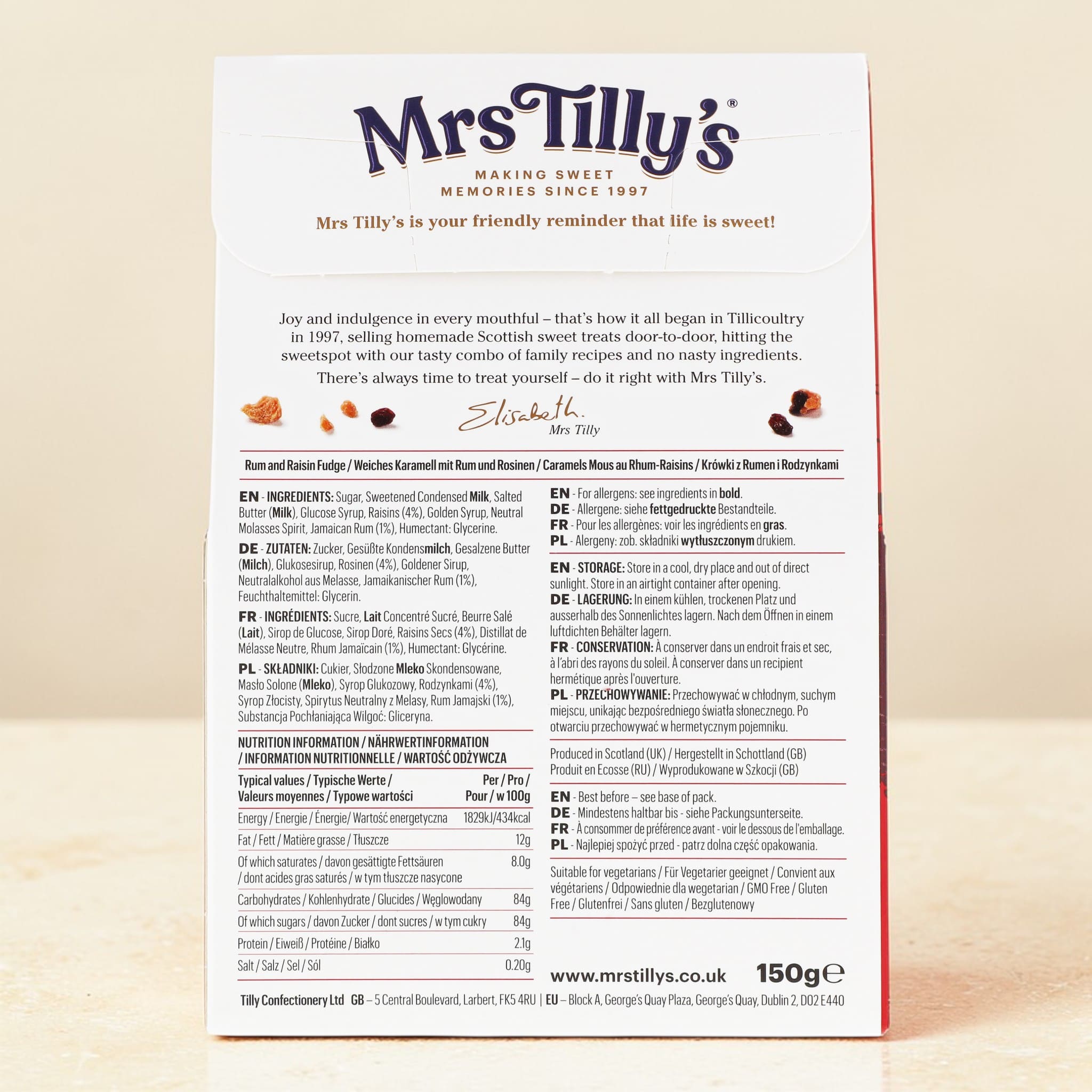 Back of Mrs Tilly's Rum & Raisin Fudge 150g Gift Box