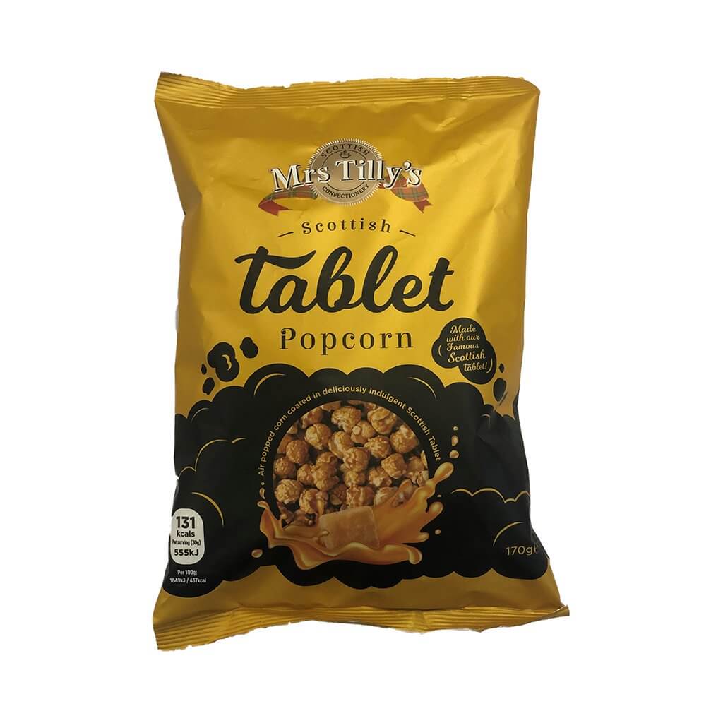 A 170g bag of Mrs Tilly's Scottish Tablet Popcorn, featuring golden packaging with black accents. The design highlights air-popped popcorn coated in rich, indulgent Scottish tablet, with an image of caramel-drizzled popcorn. The packaging also displays calorie information and a label confirming it's made with Mrs Tilly's famous Scottish tablet.