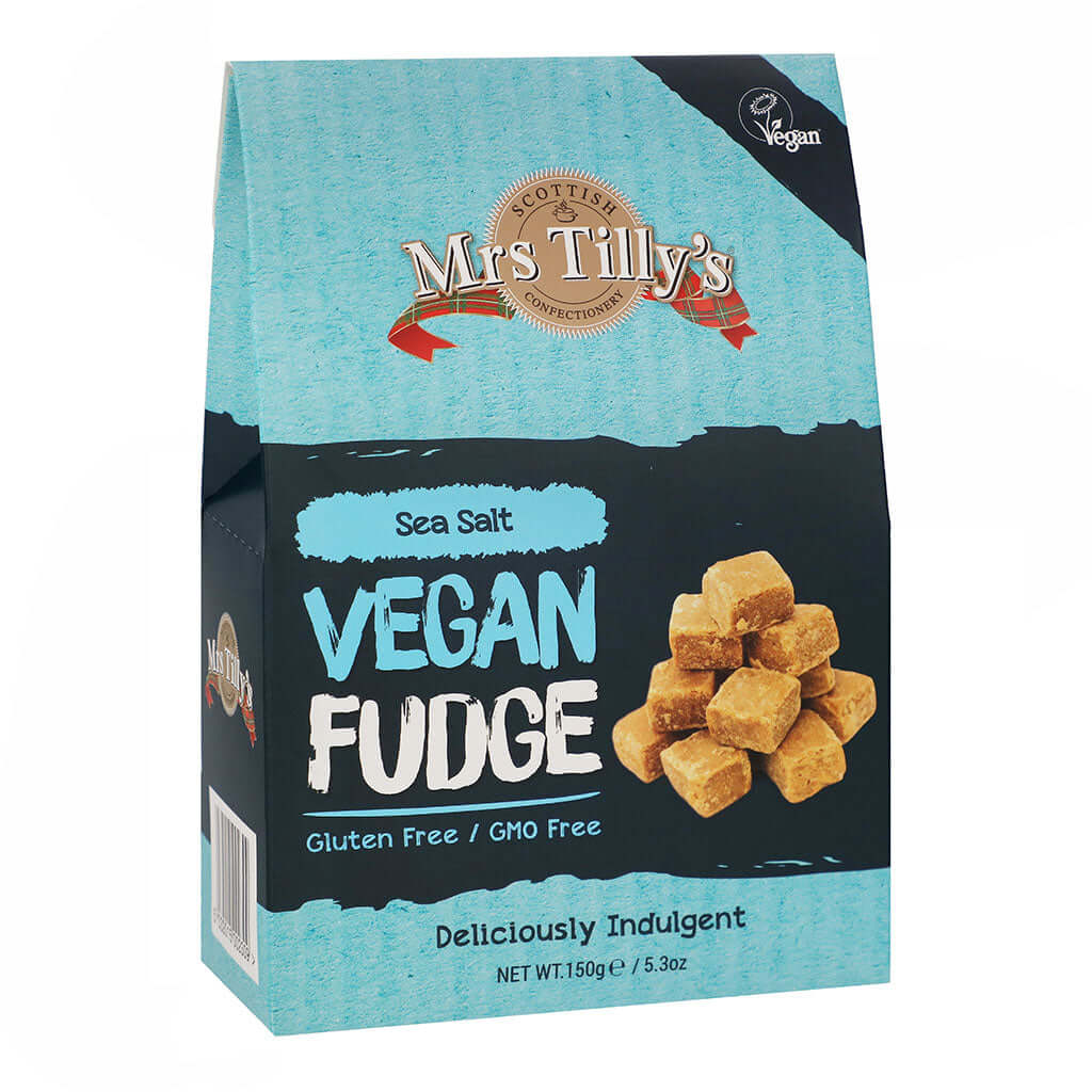 Mrs Tillys Sea Salt Vegan Fudge Gift Box, 150g, Front view of package