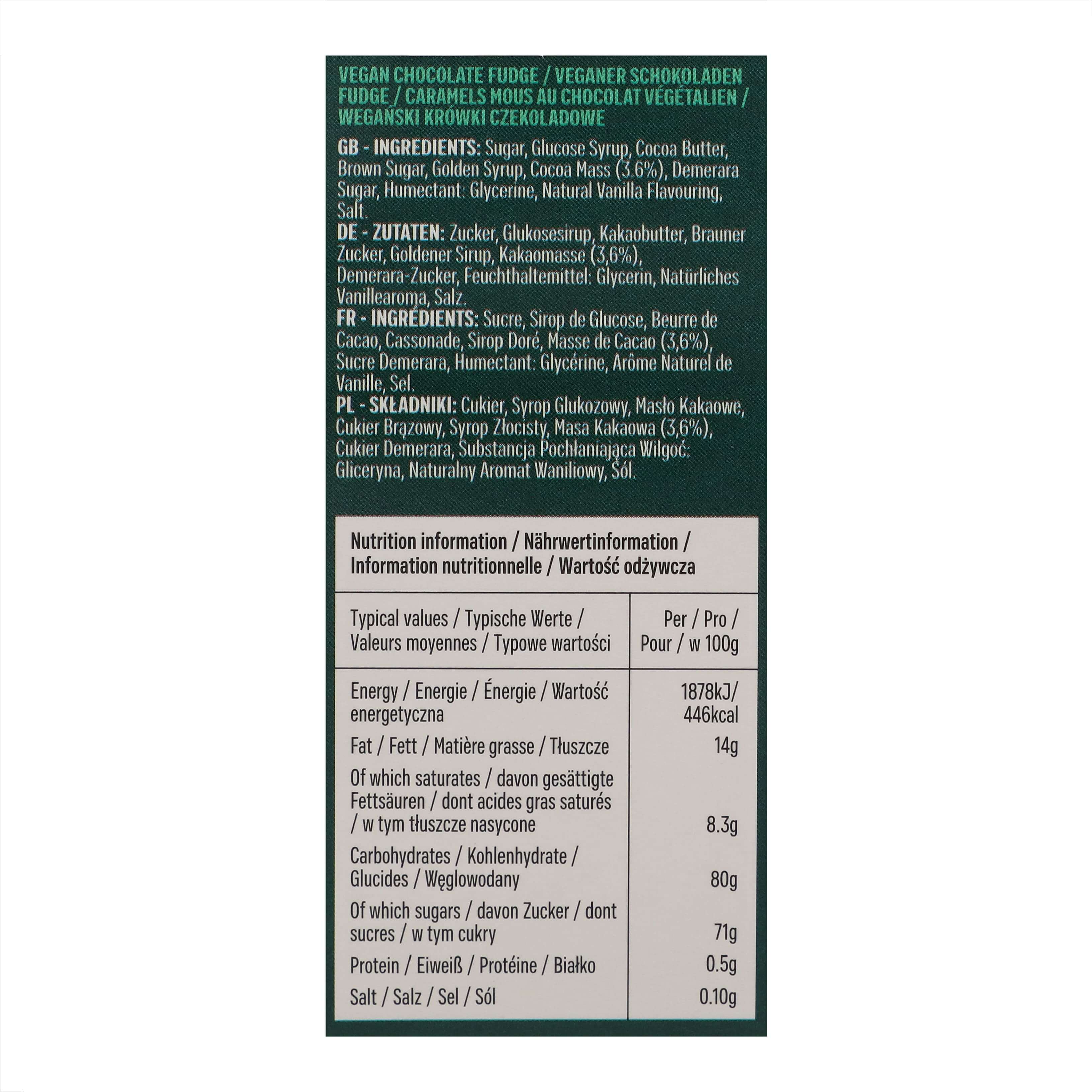 Mrs Tillys Belgian Chocolate Vegan Fudge Gift Box, 150g, Back View of package