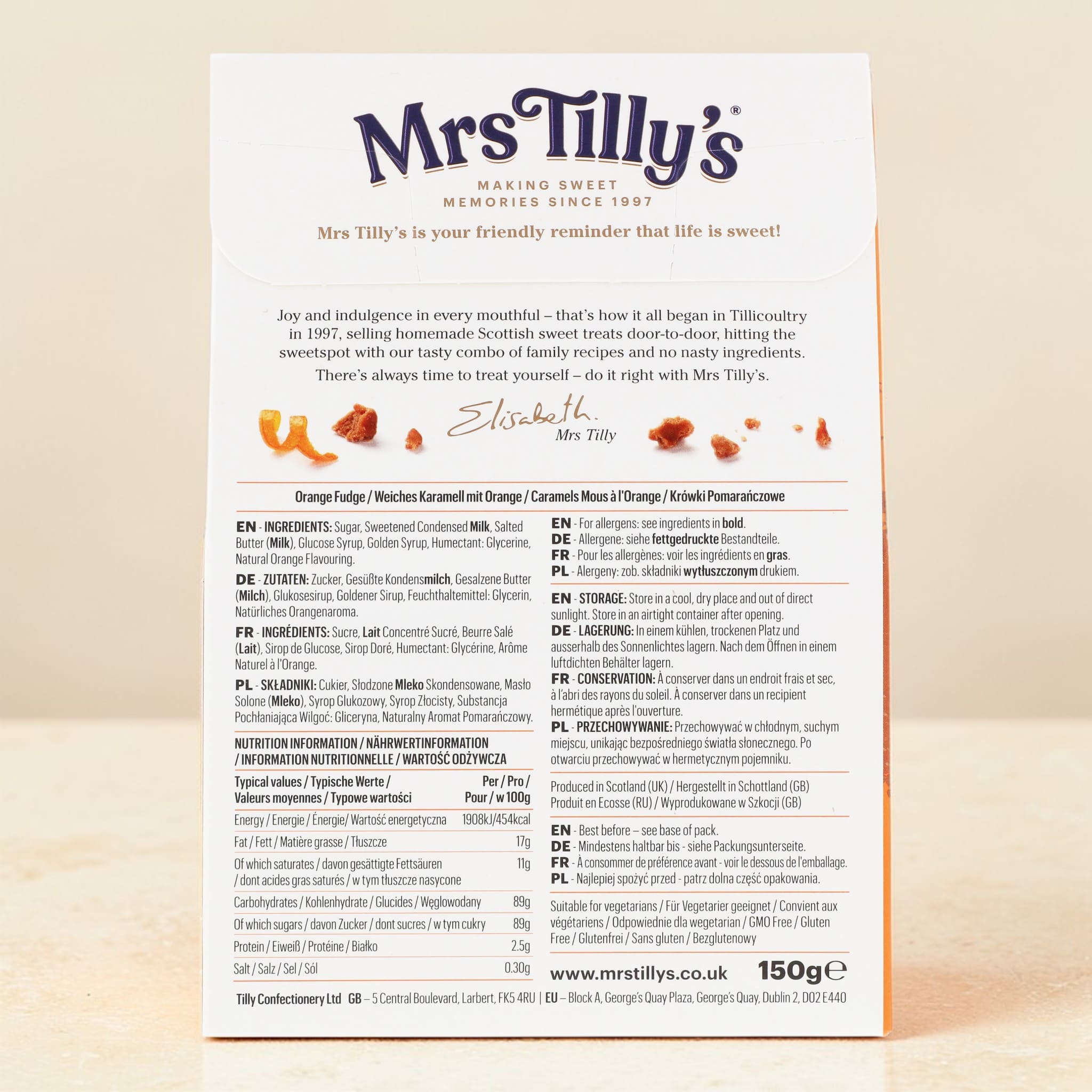 Back of Mrs Tilly's Orange Fudge 150g Gift Box
