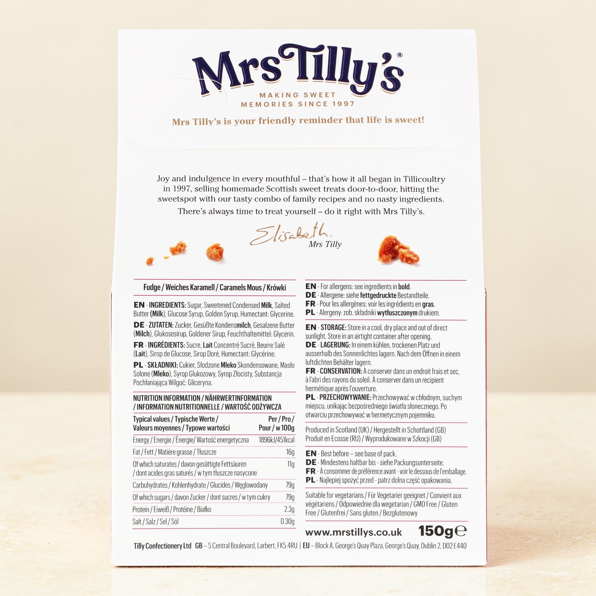 Back of Mrs Tilly's Original Scottish Fudge 150g Gift Box
