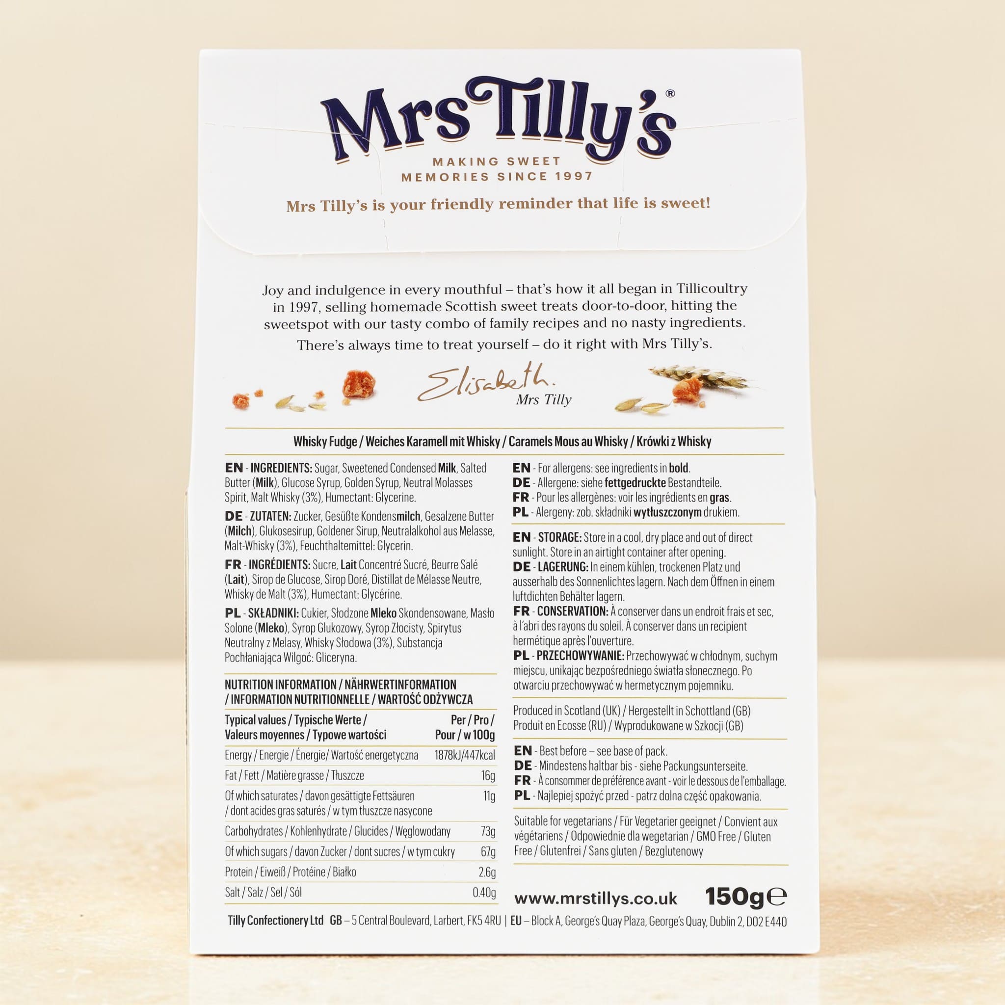 Back of Mrs Tilly's Scottish Malt Whisky Fudge 150g Gift Box