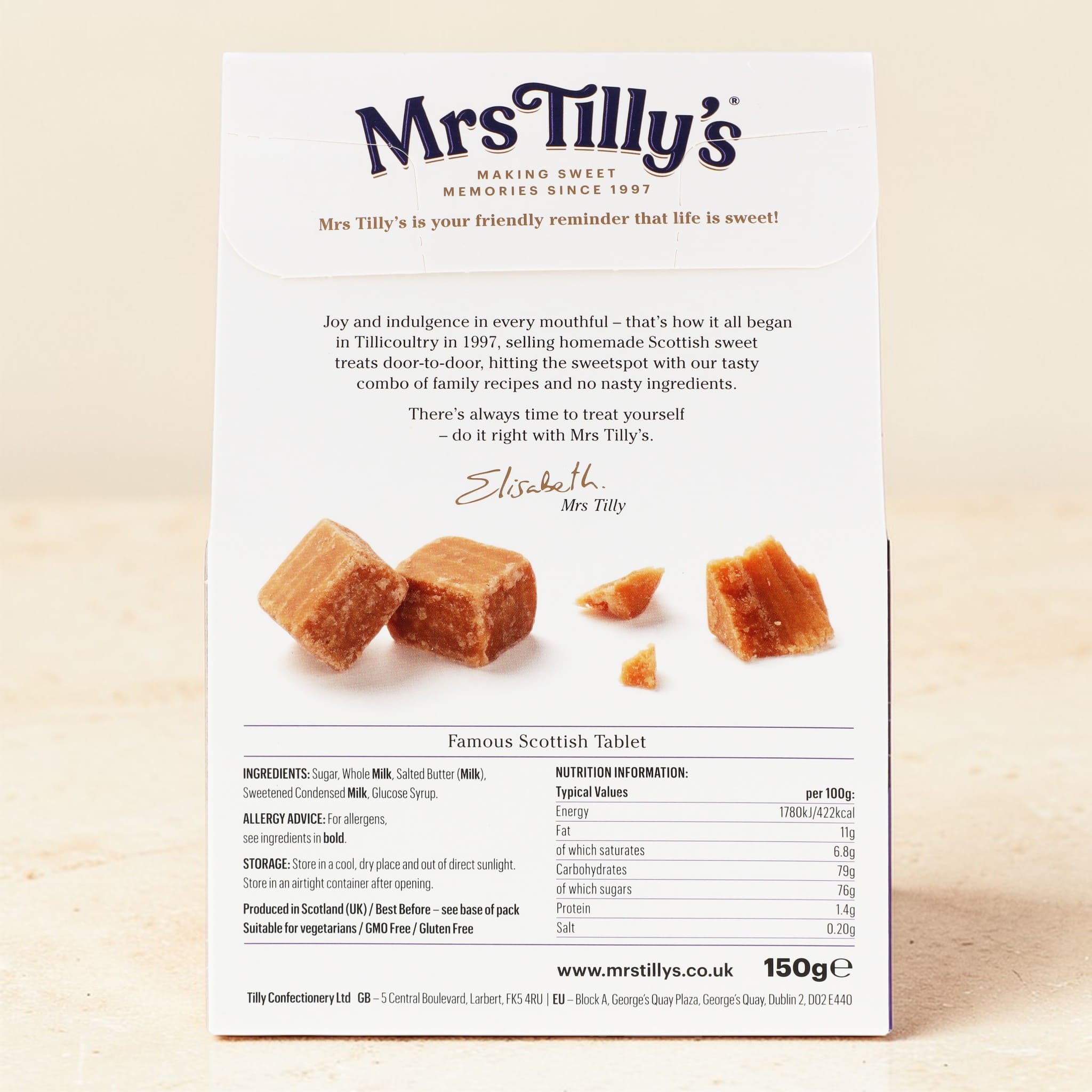 Back of Mrs Tilly's Tablet 150g Gift Box