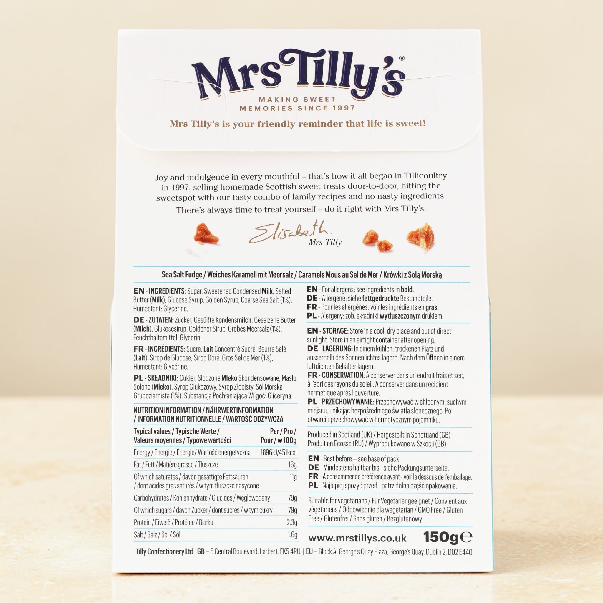 Back of Mrs Tilly's Sea Salt Fudge 150g Gift Box