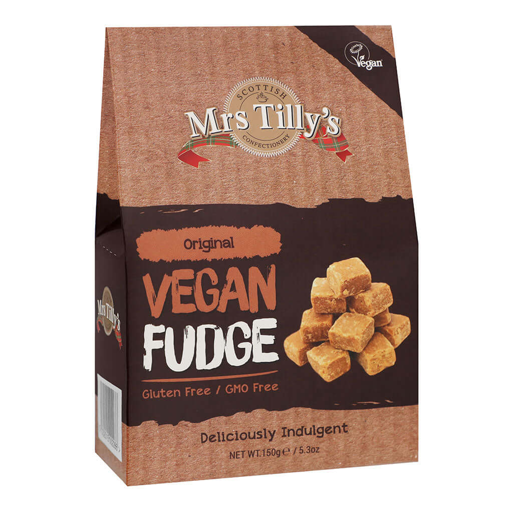 Mrs Tillys Original Vegan Fudge Gift Box, 150g, Front view of package